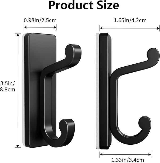 Self Adhesive Wall Hooks Black, Sticky Hangers Wall Mount, Holds 13Lbs for Clothes, Towel, Robes, Keys, Double Hooks for Bathroom, Bedroom and Door, 4 Pack.