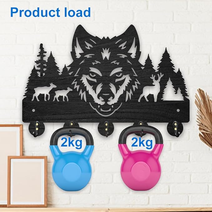 MAYJOYDIY Wooden Wolf Deer Coat Hooks Wall Mount Forest Animal Tree Key Holder Organizer 11.8×7.9inch Decorative Wildlife Wall Hooks for Hanging 5 Alloy Hooks Entryway Kitchen Office Gift