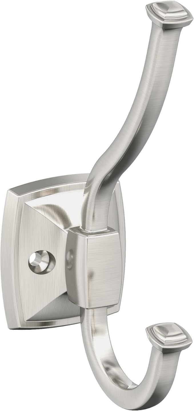 Amerock H37002G10 | Kinsale Double Prong Decorative Wall Hook | Satin Nickel Hook for Coats, Hats, Backpacks, Bags | Hooks for Bathroom, Bedroom, Closet, Entryway, Laundry Room, Office