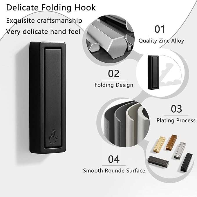 2Pcs Folding Coat Hooks, Heavy Duty Foldable Hooks Made of Zinc Alloy, Foldable Wall Hooks for Bathroom, Entryway, Closet, Pool and Kitchen are Coat, Key Backpack, Storage Solutions(Black)