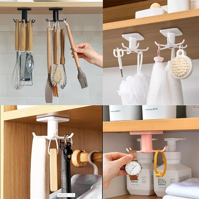 2Pcs 360 ° Rotating Kitchen Utility Hooks,Under Cabinet Kitchen Hooks for Utensils,Adhesive Kitchen Utensils Hanging Hooks for Kitchen Utensils/Tools/Towel/Knife(Black).