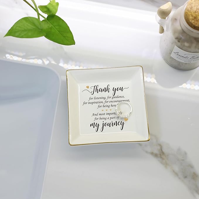 HOME SMILE Mother's Day Thank You Gifts for Women Friends Teacher Coworkers,Friends Ceramic Ring Jewelry Dish Tray Plate for Birthday Graduation Farewell -Thank You Being A Part of My Journey