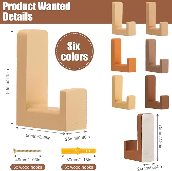 6 Pack Cute Kids Coat Wall Hooks Wooden Adhesive Decorative Colorful Wall Mounted Hangers Backpack Hooks for Hanging Keys Towel Clothes Bathroom Organization(Neutral Colors)