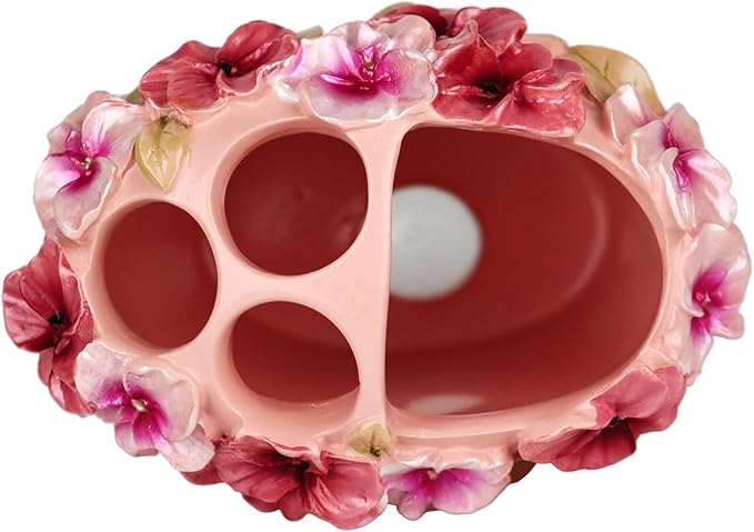 Vintage Bathroom Accessories Set with Flower Decor - Resin -Lotion Hand Soap Dispenser and Toothbrush Holder, 2pcs Pink Bathroom Accessory Set