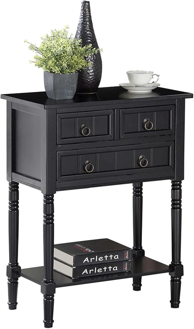 Convenience Concepts Kendra Entryway Hall Table 23.75" - 3 Storage Drawers, Traditional Console with Shelf for Decor, Office & Hallway Organizer, No Tools Assembly, Solid Wood Legs, Black