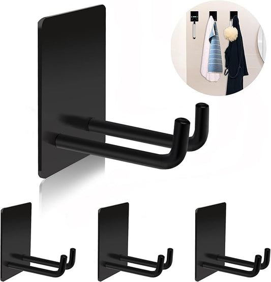 Adhesive Hooks, Stick on Stainless Steel Towel Robe Razor Wall Hooks for Bathroom Kitchen Organizer, Sticky Heavy Duty Durable Shower Hangers for Hanging Hat Coat Key 4-Pack (Black)