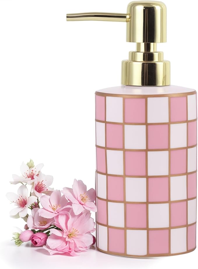 Checkered Bathroom Soap Dispenser,Gold Pump Ceramic Soap Dispenser,Kitchen Checkerboard Empty Pump Bottle,Bath Countertop Storage Organizer,Checkered Bathroom Decor (Pink)