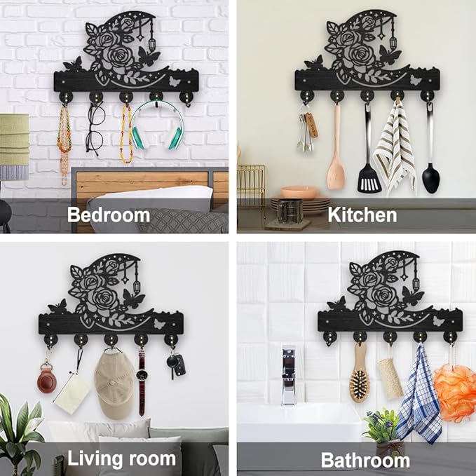MAYJOYDIY Moon Flower Wood Key Hook Butterfly Leaf Coat Holder for Wall 11.8×7.8 inch Black Star Botanical Wall Mounted Key Rack with 5 Alloy Hooks for Entryway Bedroom Living Room Home Decor