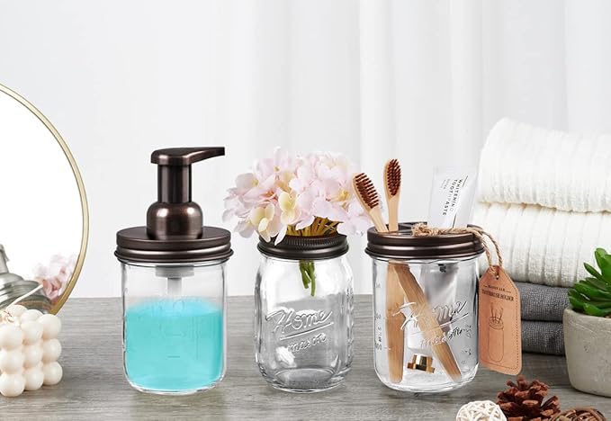 SheeChung Mason Jar Foaming Soap Dispenser, Glass Foaming Hand Soap Dispensers, Stainless Steel Lid, Refillable Foam Soap Dispenser for Bathroom Kitchen, Farmhouse Bathroom Decor (2 Pack, Bronze)