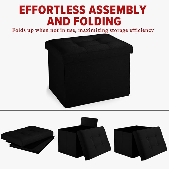 LINMAGCO Small Storage Ottoman Stool Foot Rest Stool Under Desk Stool Short Folding Ottoman Linen Cloth Black 17X13X13IN