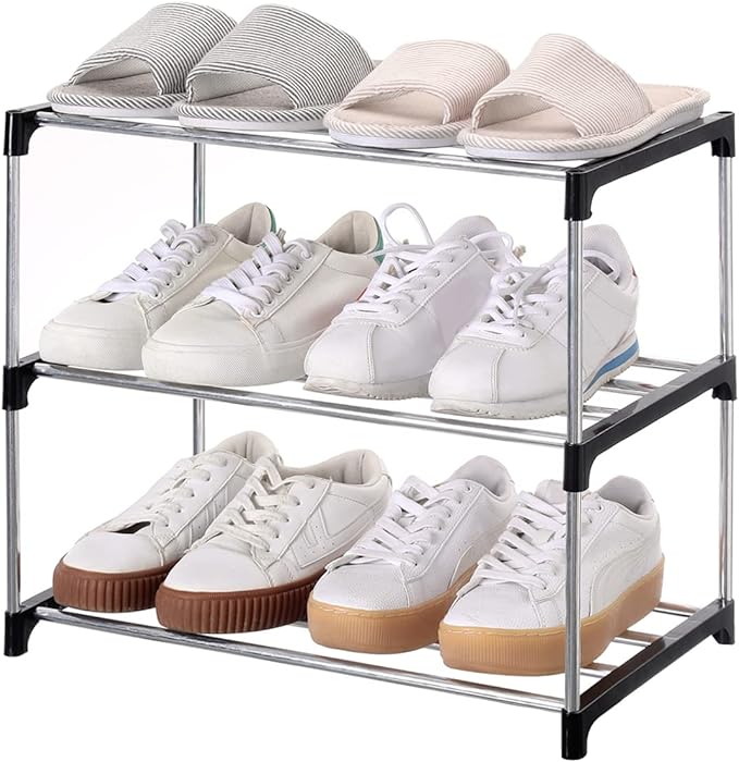 Stackable Small Shoe Rack, Entryway, Hallway and Closet Space Saving Storage and Organization (3-Tier, Black)