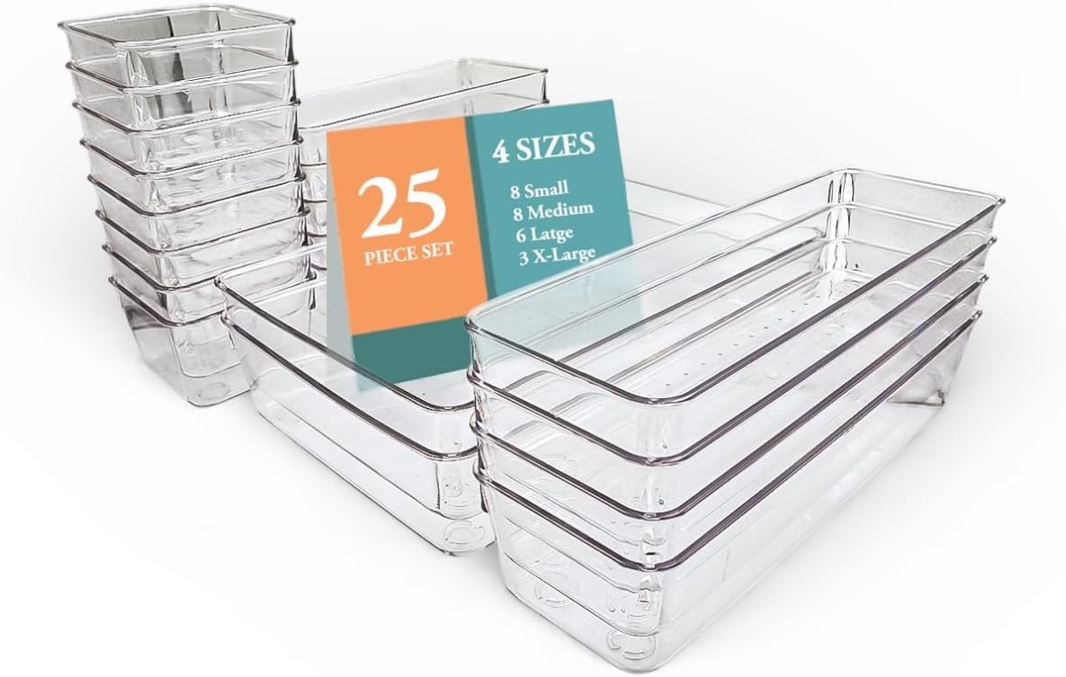 Neatly You Versatile 25-Piece Drawer Organizer Set – 4 Different-Sized Clear Plastic Bins (25 Total) For Organizing Bathroom, Vanity, Dresser, Kitchen, Desk, Makeup, Office