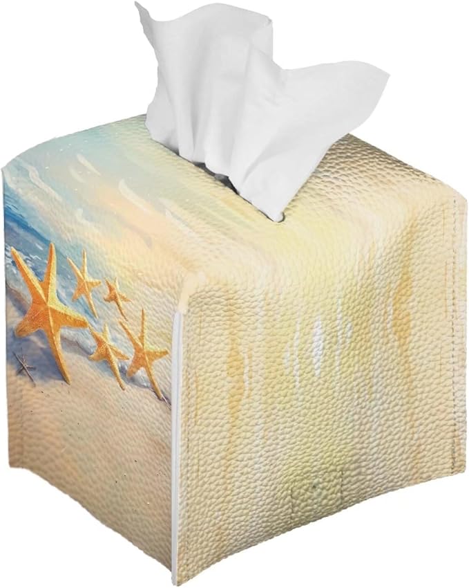 Beach Starfish Tissue Box Covers Foldable Square Facial Tissue Case Waterproof Facial Paper Organizers Dispenser for Bathroom Night Stand