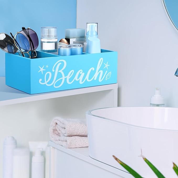 Beach Storage Basket Blue Summer Beach Wooden Box with 3 Compartments Toilet Tank Tray for Indoor Outdoor Swimming Pool Decor Sunblock Sunglasses Pool Toy Storage Box