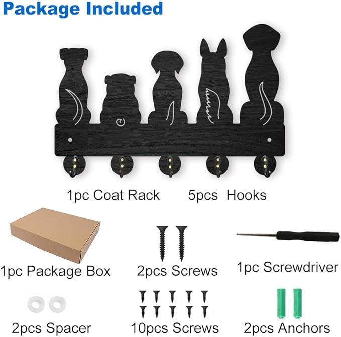 MAYJOYDIY Dog Coat Rack Wall Mount 11.87.9inch 5 Style Key Holder for Wall Decorative Wood Black Key Rack Hanger Organizer 5 Alloy Hooks for Leash Wall Art Decor Dog Lover Gift