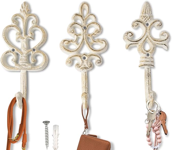 Comfify Shabby Chic Decorative Wall Hooks - Set of 3 - Cast Iron French Country Wall Decor - Farmhouse Hangers for Coats, Purses and More - Rustic White
