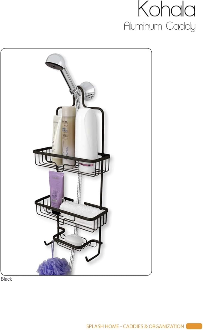 Splash Home Aluminum Kohala Bathroom Hanging Head Two Basket Organizers Plus Dish Shower Caddy, 24 x 5 x 11 Inches, Matte Black