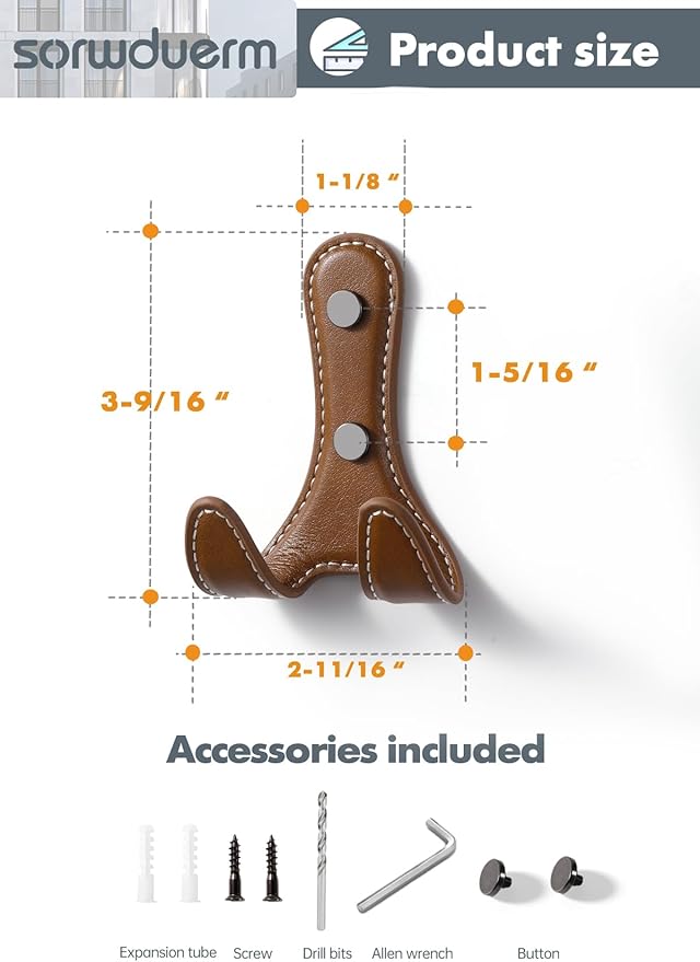2 Pack Brown Leather Coat 2 Hooks Wall for Hanging Round Coat Hooks for Hanging Robe Towels Bags Hats Scarf Keys Clothes Suitable for Bedroom, Entryway and Closet