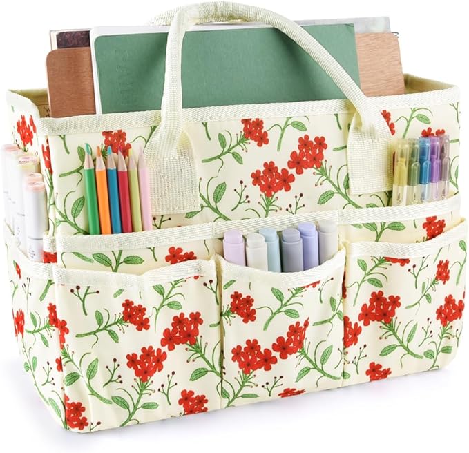 E-WEICHEN Craft Organizer Tote Bag Art Storage Caddy with Multiple Pockets Containers for Art,Craft,and Office Supplies Storage.Red Flower