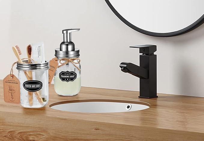 Mason Jar Toothbrush Holder - Brushed Nickel - with 16 Ounce Ball Mason Jar,Premium Rustproof 304 Stainless Steel Lid and Chalkboard Labels - Rustic Farmhouse Decor Black Bathroom Accessories