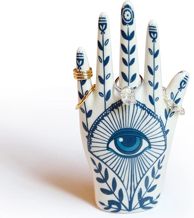 Hamsa Ring Holder organizer, aesthetic Room Decor with Blue Eye Boho style for Bathroom, Bedroom; Gifts for Women Home Decor