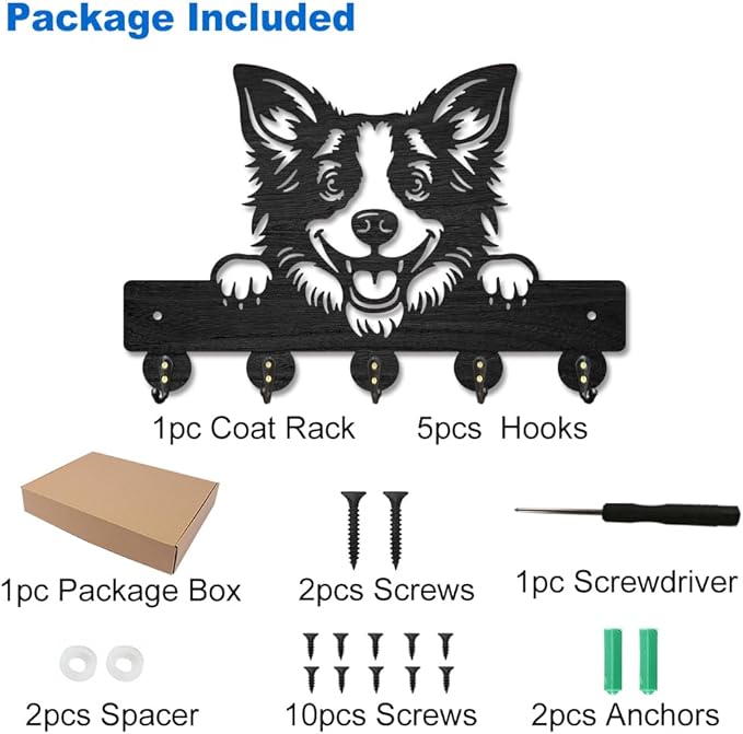 MAYJOYDIY Border Collie Key Holder for Wall Decorative Dog Leash Hanger Peeking Dog Wood Key Hooks 11.8×7.9inch with 5 Alloy Hooks for Entryway Front Door Kitchen Office Decoration