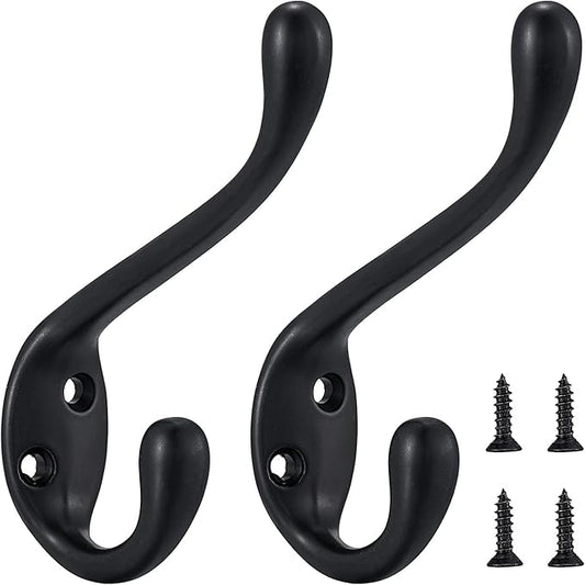 Coat Hooks 10 Pack - Heavy Duty Wall Mounted Matte Black Double Hooks for Hanging Clothes/Towels - Sturdiness Design with Better Mounting System