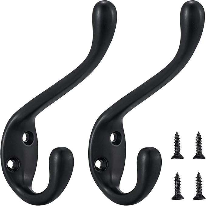 Coat Hooks 20 Pack - Heavy Duty Wall Mounted Matte Black Double Hooks for Hanging Clothes/Towels - Sturdiness Design with Better Mounting System