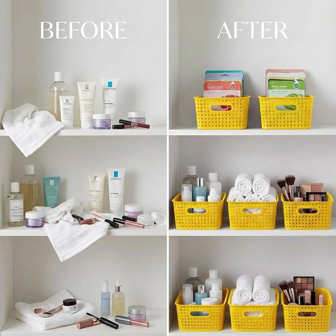 Yellow Plastic Organizer Baskets, 12-Pack Stackable Pantry Storage Baskets, Small Baskets for Shelves, Bathrooms, Kitchens, Laundry Room, Classrooms, Cabinets and Bedrooms