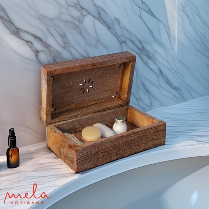 Mela Artisans Decorative Storage Box with Hinged Lid - Light Burnt, Medium | 7.5” x 4.5” x 3”, Rustic Serena Style|Crafted from Mango Wood|Ideal for Keepsakes, Trinkets, Jewelry and Tea Boxs, Book Box