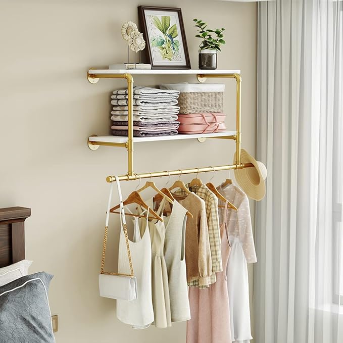 MAIKAILUN Gold Wall Mounted Clothes Rack with 2 Tier Shelves, 42" Long, Heavy Duty Iron and Wood Construction, Ideal for Clothes, Laundry Room