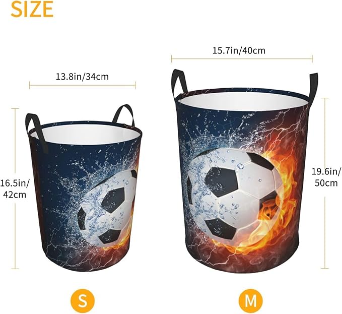 Soccer Ball In Fire And Water Round Laundry Hamper Sport Football Storage Basket Toys Clothes Organizer Bin For Home Bathroom Bedroom Dorm Nursery, 38l
