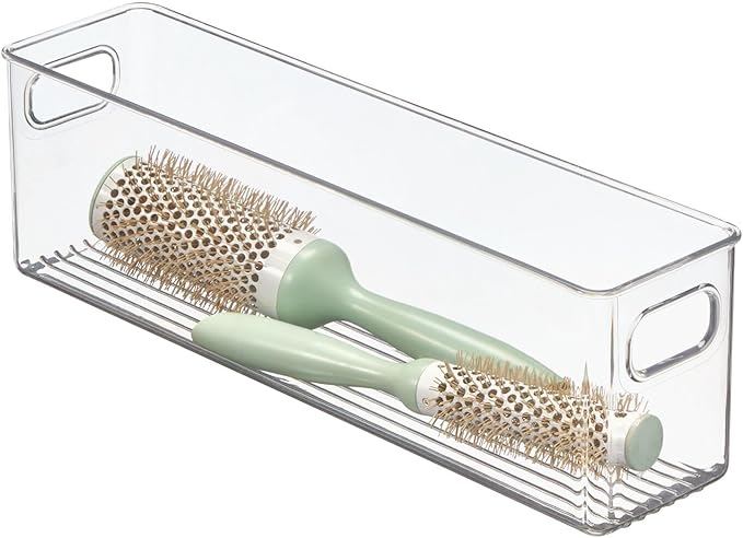 mDesign Plastic Bathroom Storage Container Bins w/ Handles - Closet, Cabinet, Vanity, Cupboard Shelf Organization, Hair Tools Accessory Organizer - Ligne Collection; Clear, â5x3.75x16 (Pack of 8)