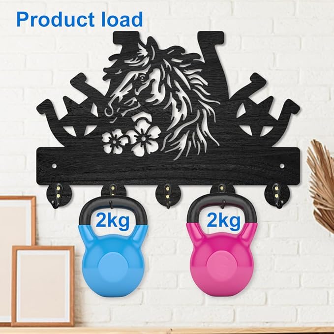 MAYJOYDIY Horse Horseshoe Coat Rack Wall Mount Farmhouse Western Wood Key Hooks for Wall 11.8×7.9inch Black Key Holder Hanger Rustic Style Wall Art Decor 5 Alloy Hooks for Gift Farm Hallway Entryway