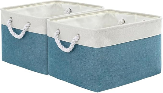 Storage Basket for Organizing - 17X15X12 inch 2 Pack Canvas Storage Bin for Shelves, Fabric Storage Cubes for Cloth Decorative Books Nursery (White & Green)
