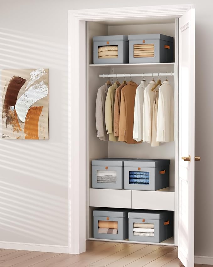 Storage Bins with Lid – Closet Organizer with Side Opening and Clear Window, Foldable Stackable Fabric Basket for Clothes, Home, Office - 13.77" x 11.8" x 9.8", 5 Pack, Grey