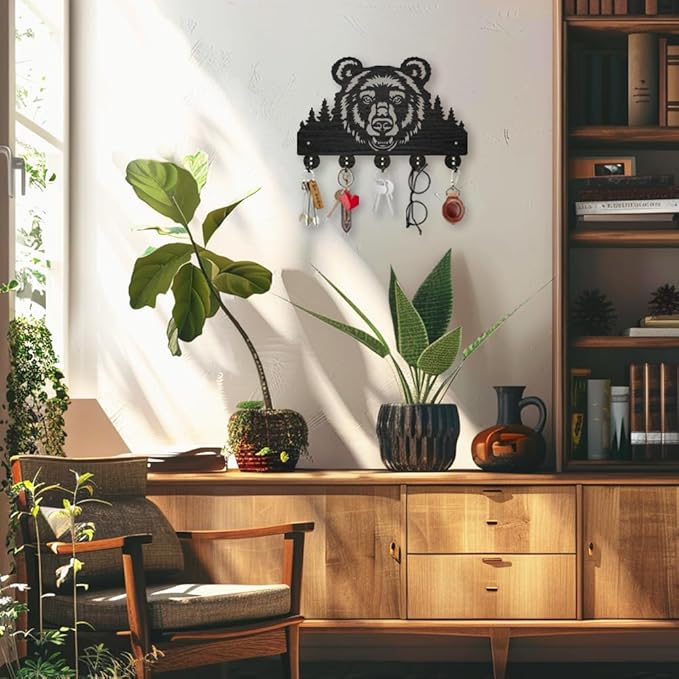 MAYJOYDIY Wooden Bear Forest Coat Hooks Wild Animal Tree Key Holder for Wall 11.8×7.9inch Decorative Bear Head Key Hooks Organizer Rack with 5 Alloy Hooks for Gift Farmhouse Hallway Entryway Decor