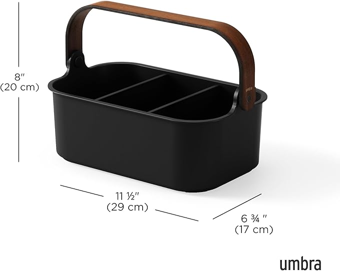 Umbra Bellwood Stackable Bin, 11" x 7" Durable Lightweight Container with Wooden Handle and Removable Dividers, Black/Walnut
