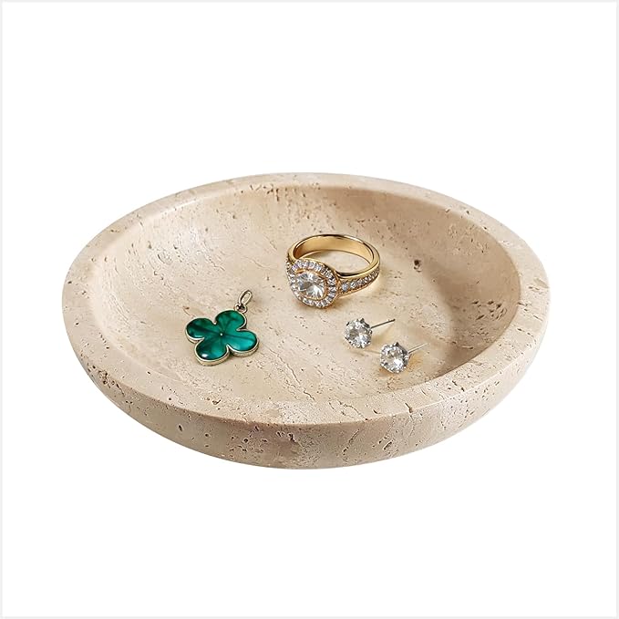 Travertine Jewelry Dish Tray - Decorative Stone Catchall Bowl for Entryway Table, Keys & Rings Holder, Natural Marble Home Decor Organizer (5.5 Inch)
