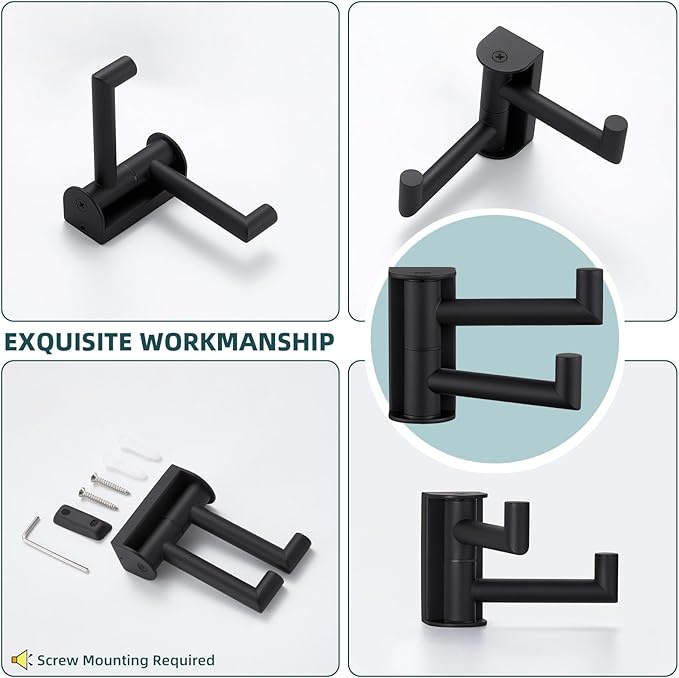 Suyar Matte Black Double Towel Hook, SUS304 Stainless Steel Bathroom Robe Coat Hook with 2 Swivel Arms, Rotating Towel Holder for Kitchen RV Storage, Wall Mounted