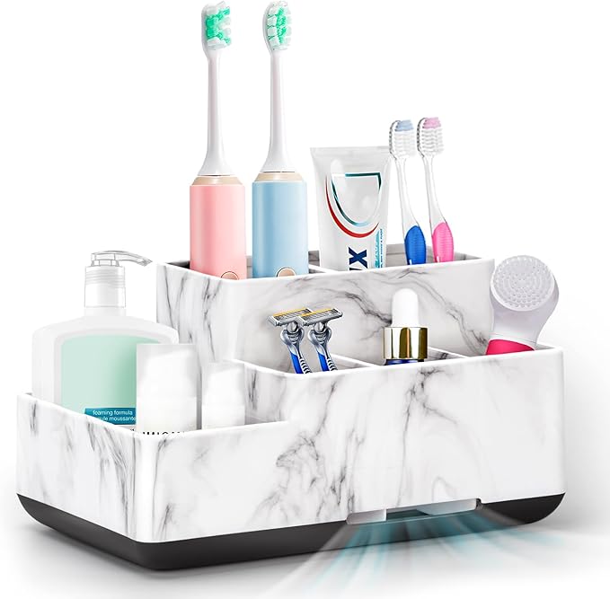 Toothbrush Holder,Bathroom Organizer Countertop, 5 Compartments Multifunctional Storage for Cosmetic, Makeup, Office Stationery Pencil,Toothpaste, Toothbrush,Ideal Gift for Home, Office