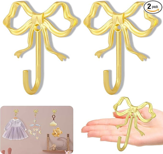 2Pcs Large Size Gold Bow Wall Hook, Gold Coat Hook, Metal Hook, Bow Room Decor Hooks for Coats, Coffee Mugs, Hats, Bags, Bath Towels and Room Decorations