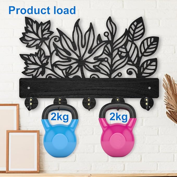 MAYJOYDIY Leaves Coat Rack Wall Mount 11.8×7.9inch Wood Leaves Plants Wall Art Decor Nature Tree Key Holder for Wall 5 Alloy Hooks Black Hook Rack Hat All Hook for Entryway Living Room Bedroom Gift