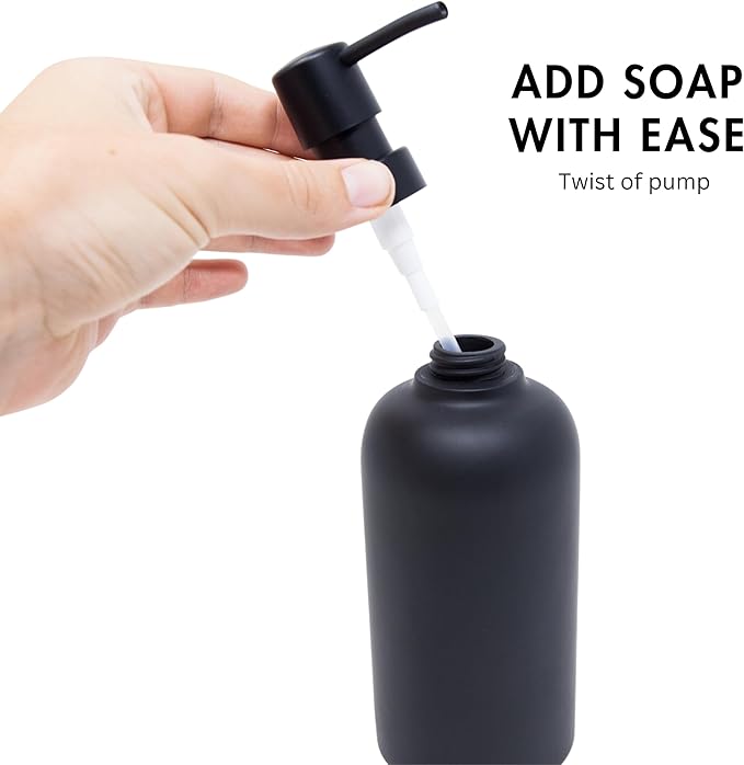 Matte Black Round Soap Dispenser Set with Tray for Kitchen, Countertop & Bathroom – 2 Pack 15 oz Refillable Resin Pump Bottle for Dish Soap, Hand Soap, Shampoo, Conditioner – Non-Slip Protective Pads