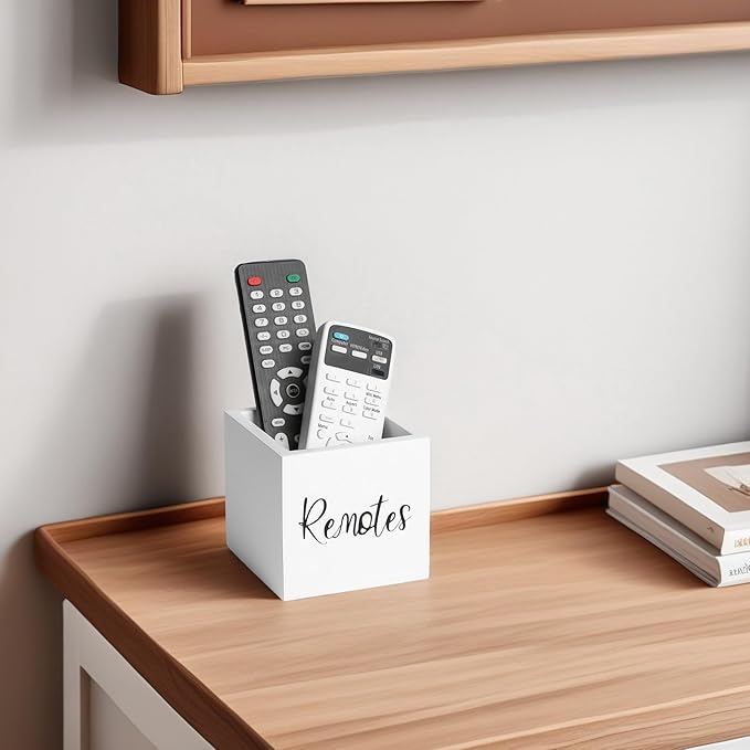 Wood Remote Control Holder, TV Remote Control Organizer for Home Bedroom Table, Multi-Purpose Desktop Storage (White, S,for 2 or 3 Remote Controls)