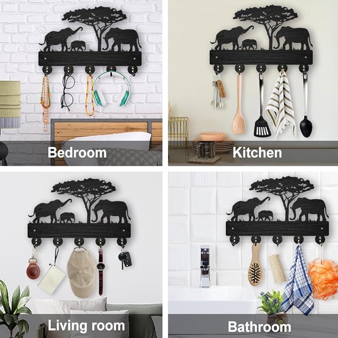 MAYJOYDIY Wooden Key Holder for Wall, Elephant Family Design, 11.8x8 inch, 5 Alloy Hooks, Decorative Wall Mount Organizer