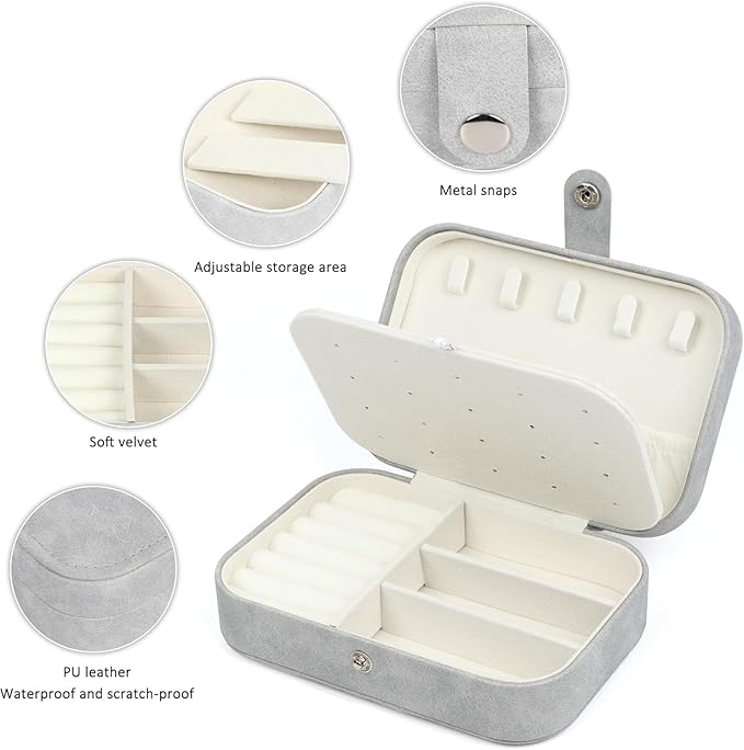 Travel Jewelry Box,Small Jewelry Organizer Boxes for Women Girls, 2 Layer Travel Jewlery Case, PU Leather Mini Portable Jewerly Storage Display Holder for Earrings, Ring,Necklaces, Bracelets - Grey