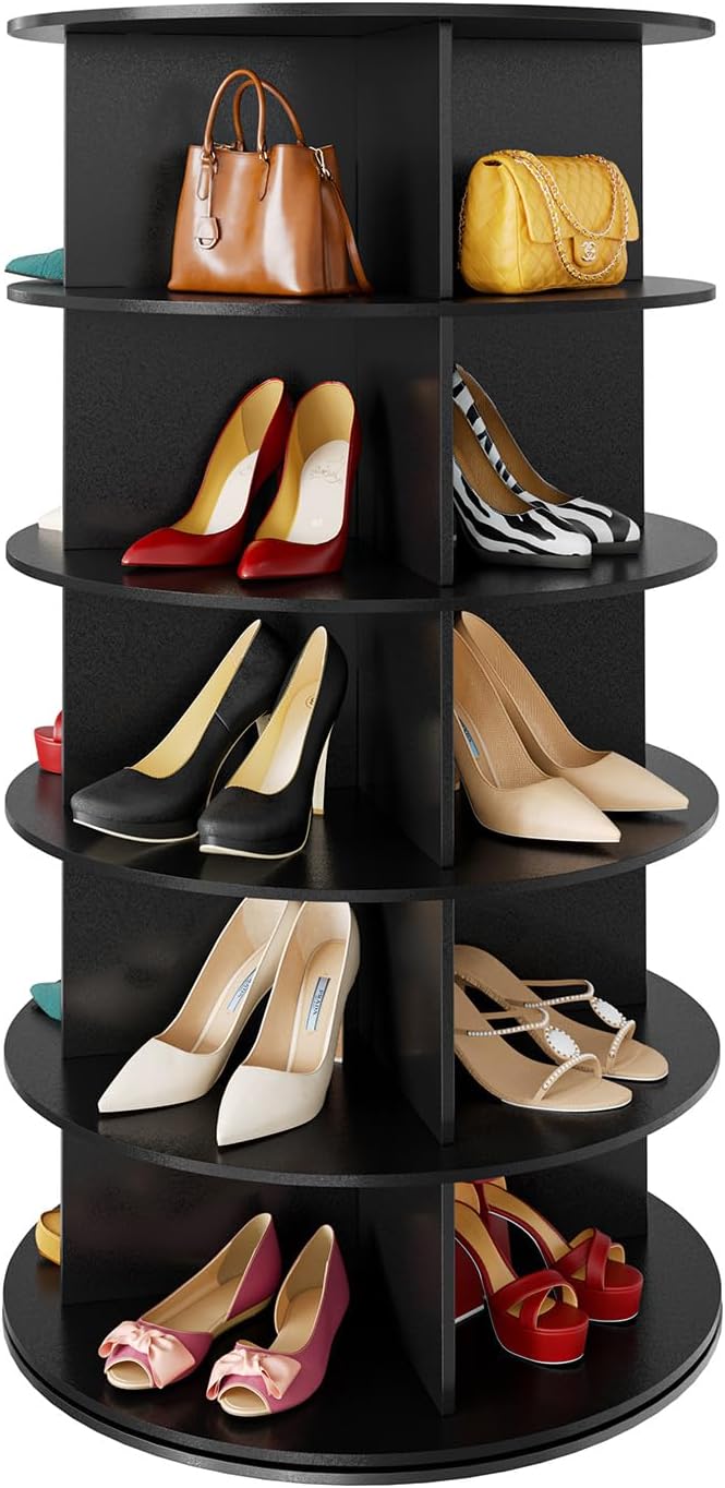 SpaceAid 5 Tier Rotating Shoe Rack Tower, Spinning Shoe Display Lazy Susan, Revolving 360 Shoe Rack Storage Round Carousel, Vertical Handbag Rotate Shoes Closet Organization (5-Tier Black)