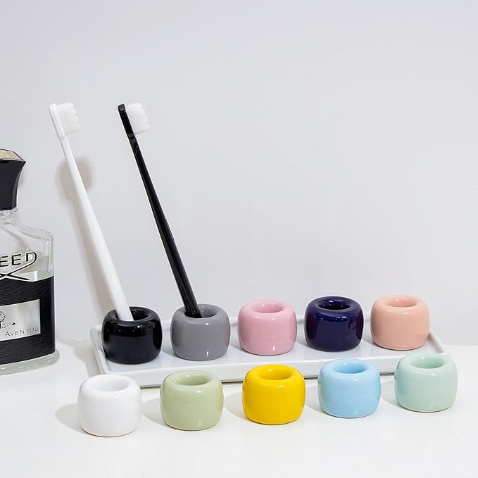 AirMoon Mini Ceramic Toothbrush Holder for Bathroom - Dark Green Small Countertop Organizer, Easy Clean Toothbrush Stand, Suit for Electric Toothbrush Head, Pens & Coffee Spoon, Pack of 2