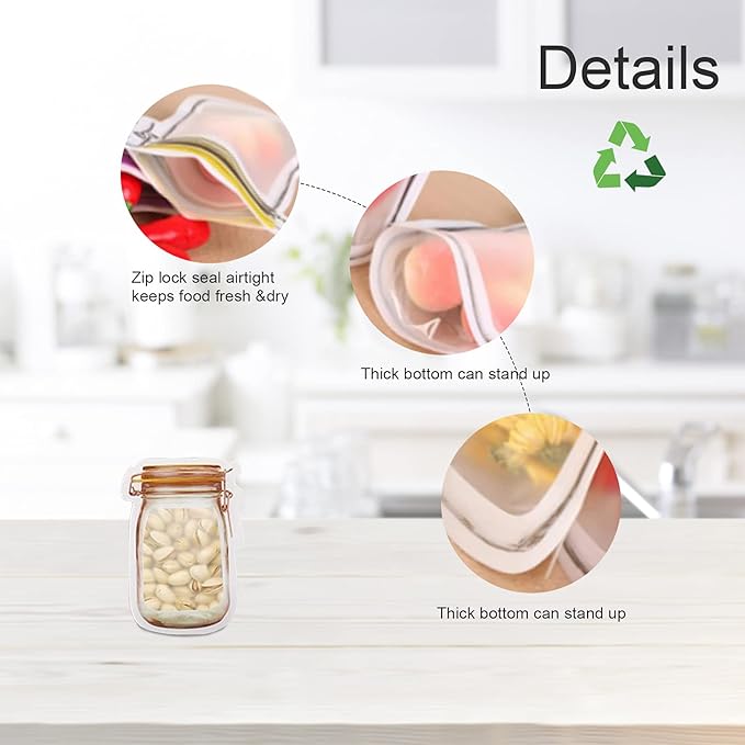 Enkrio 18Pcs Mason Jar Zipper Bags Resuable Snack Bags Portable Food Storage Snack Zipper Bags for Kitchen Travel Camping Picnic Organizer (18S)